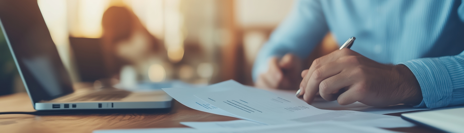 A job candidate is focused on taking notes and reviewing essential documents while sitting at a spacious desk in a contemporary office setting
