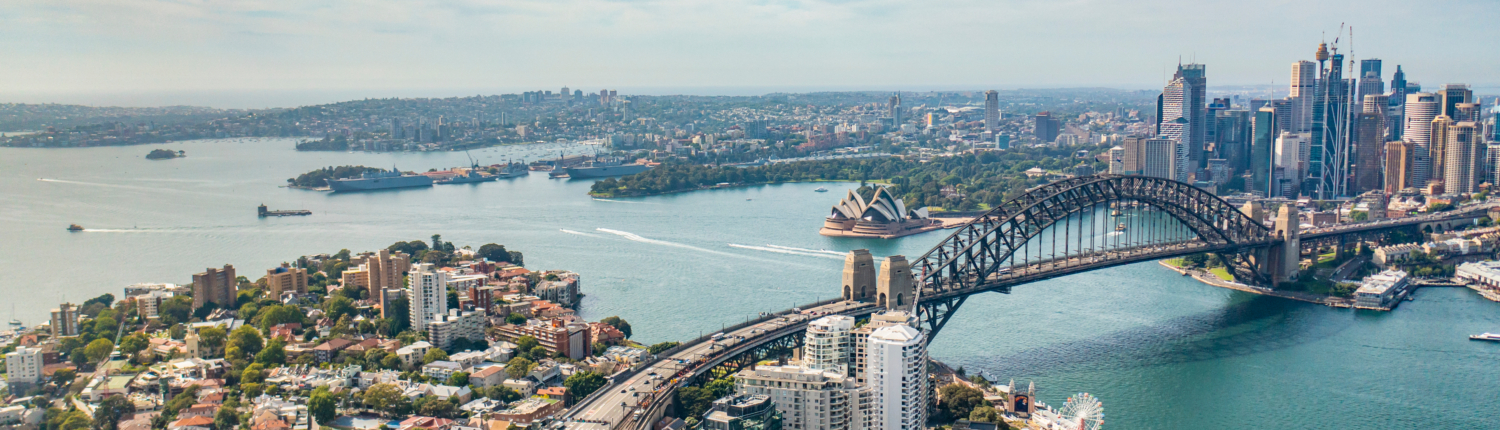 Aerial drone panoramic view of Sydney City, the Sydney Harbour and the Harbour Bridge looking from North Sydney over Lavender Bay